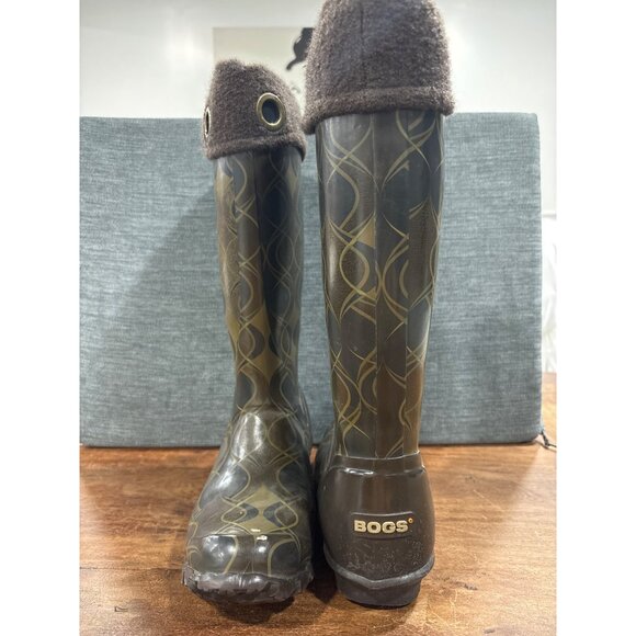 Bogs Womens Waterproof Printed Rain Boots Size 7 Green/Brown With Pattern - Picture 2 of 10